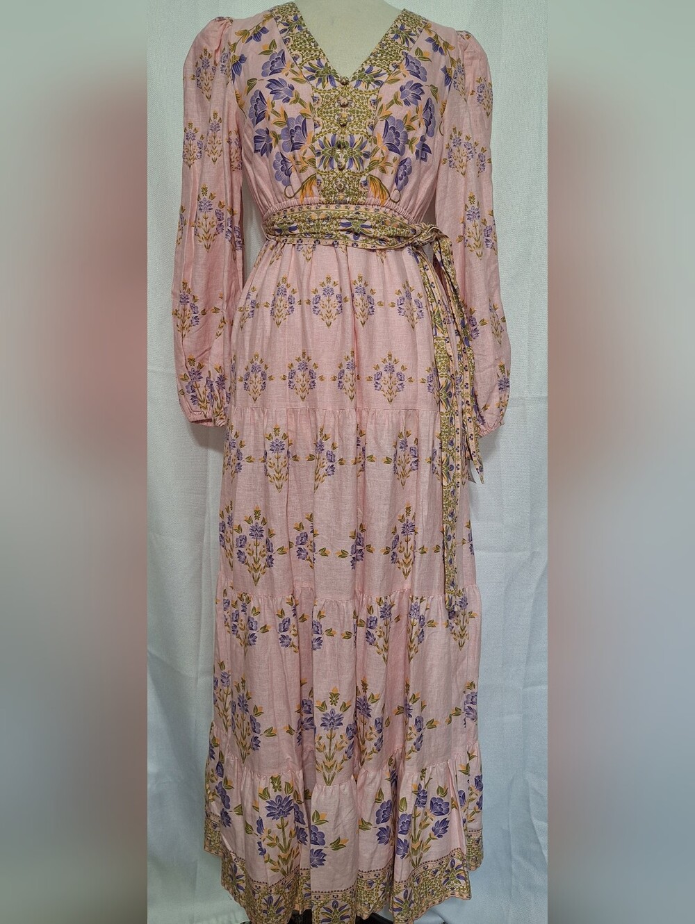 A Loves A pink floral linen rayon long-sleeve V-neck maxi dress waist belt XS